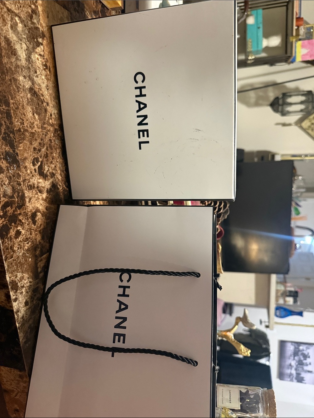 CHANEL White Gift Bag and Box Set with Black Logo